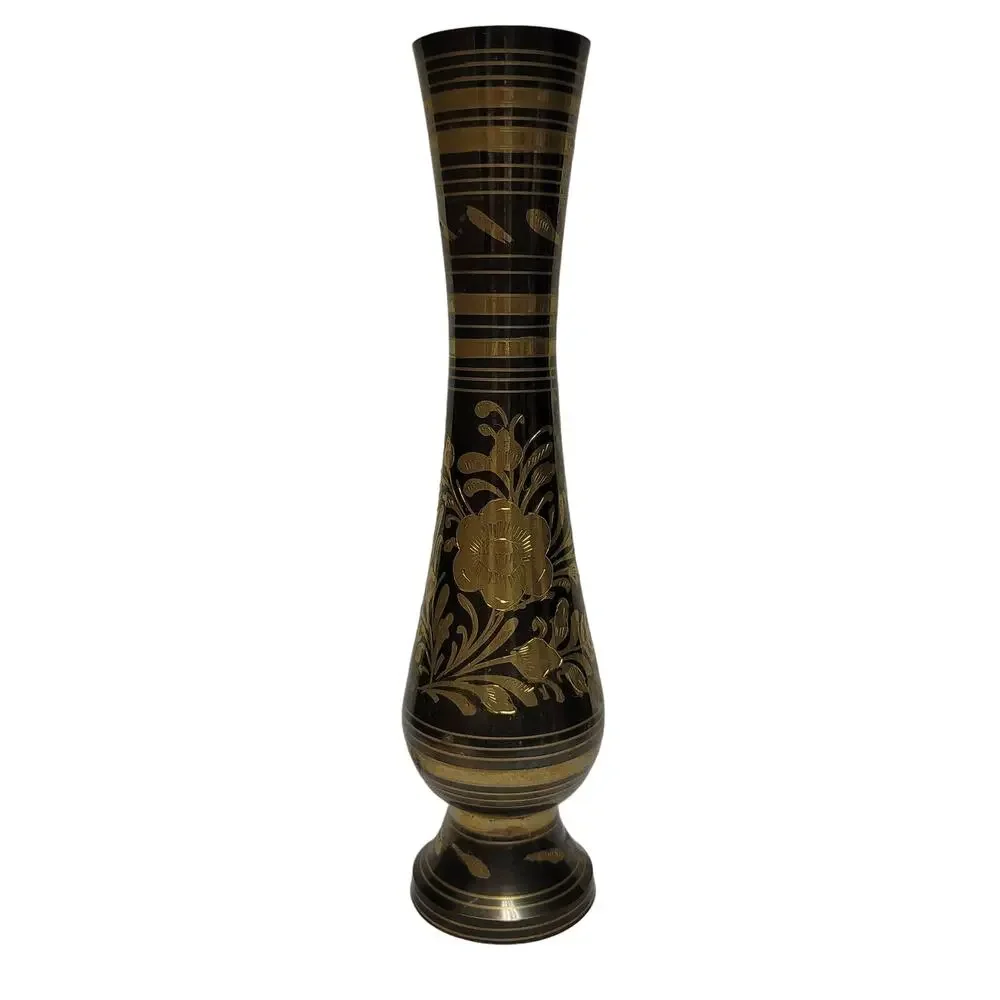 Vintage Indian Brass Metal Fluted Footed Vase Black Patina Etched Floral Pattern